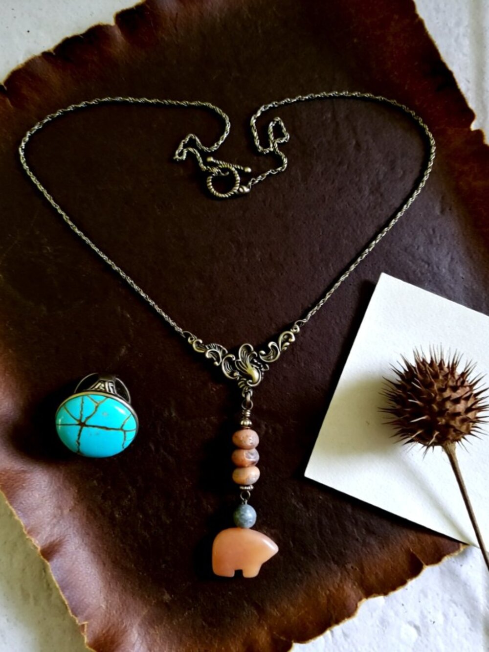 Rustic Rough Agate & Aventurine Bear Necklace - Unique and One-of-a-kind!